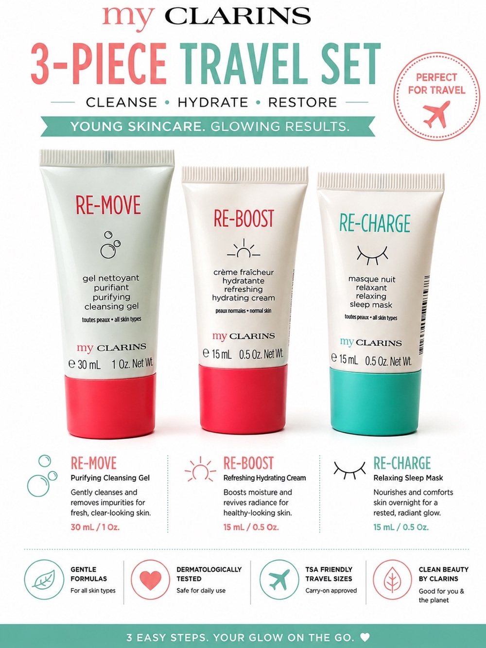 My Clarins 3-Piece Travel Skincare Set with cleanser, cream, sleep mask - New